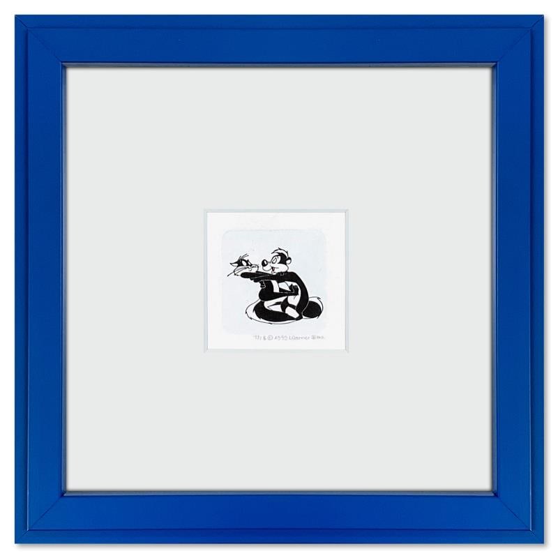 Pepe Le Pew in Love by Looney Tunes: "Pepe Le Pew in Love" is a limited edition etching on paper with hand tinted coloring from Warner Bros., numbered and dated 1999. This piece comes framed. Measures approx. 9" x 9" (frame), 2" x 1.5" (