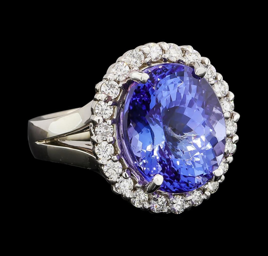 GIA Cert 11.27 ctw Tanzanite and Diamond Ring - 14KT White Gold: One electronically tested 14KT white gold lady's cast fashion ring with a split shank basket halo with a bright polish finish. The featured lady's ring has a shank measuring 3.90 millimeters wide. Ide