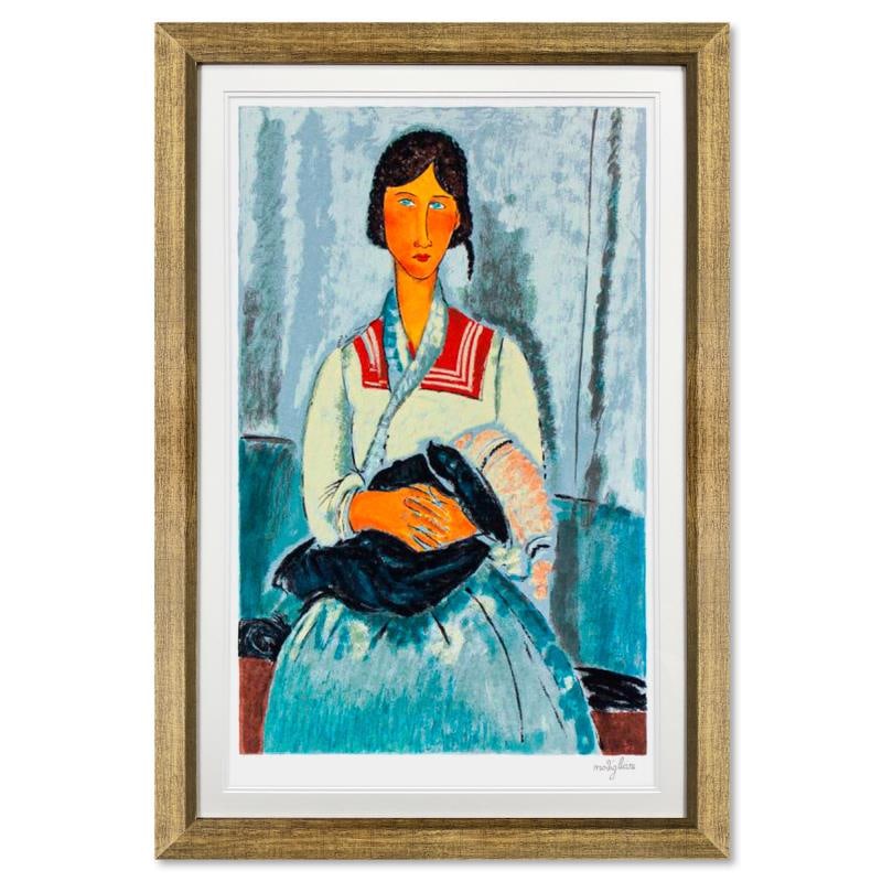Zingara Con Bambino by Modigliani, Amedeo: "Zingara Con Bambino" is a framed limited edition serigraph on paper by Amedeo Modigliani. The piece is plate signed and comes with a certificate of authenticity. Measures approximately 27" x 25" (fra