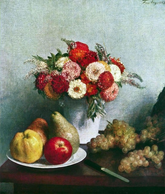 Fantin-Latour - Still Life with Flowers and Fruit: Artist: Ignace Henri Jean Fantin-Latour - Title: Still Life with Flowers and Fruit - Medium: Fine Art Reproduction Giclee on Canvas - Image Size: Approximately 20 inches x 17 inches - Unframed on Unst