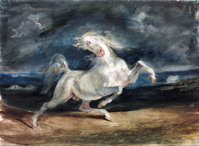 Eugene Delacroix - Horse Frightened by Lightning: Artist: Eugene Delacroix - Title: Horse Frightened by Lightning - Medium: Fine Art Reproduction Giclee on Canvas - Image Size: Approximately 14.75 inches x 20 inches - Unframed on Unstretched Canvas -