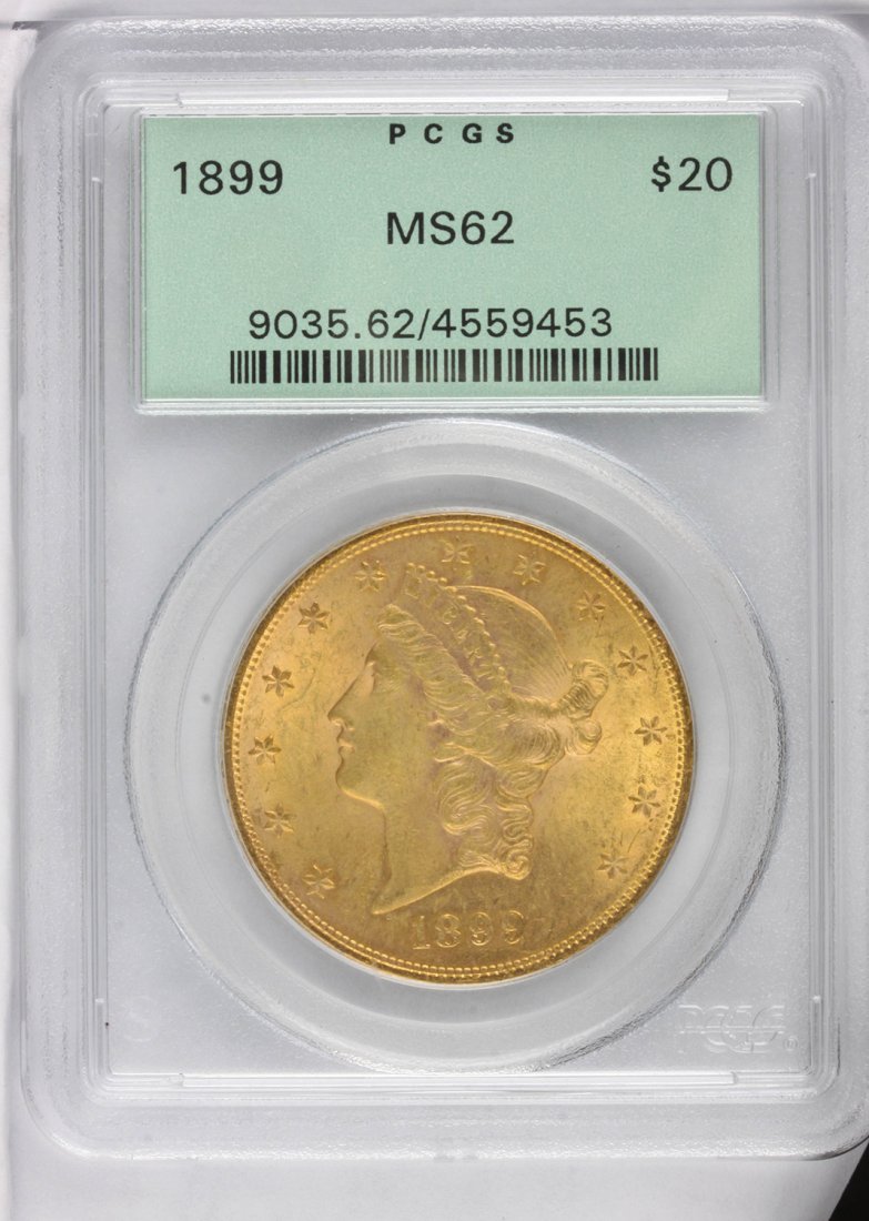 1899 $20 PCGS MS62 Liberty Head Double Eagle Gold Coin : 1899 $20 PCGS MS62 Liberty Head Double Eagle Gold Coin DaveF1116. As-Is Condition! YI9791CB. One 1899 $20 PCGS MS62 Liberty Head Double Eagle Gold Coin. Thank you for viewing this lot! We are always a