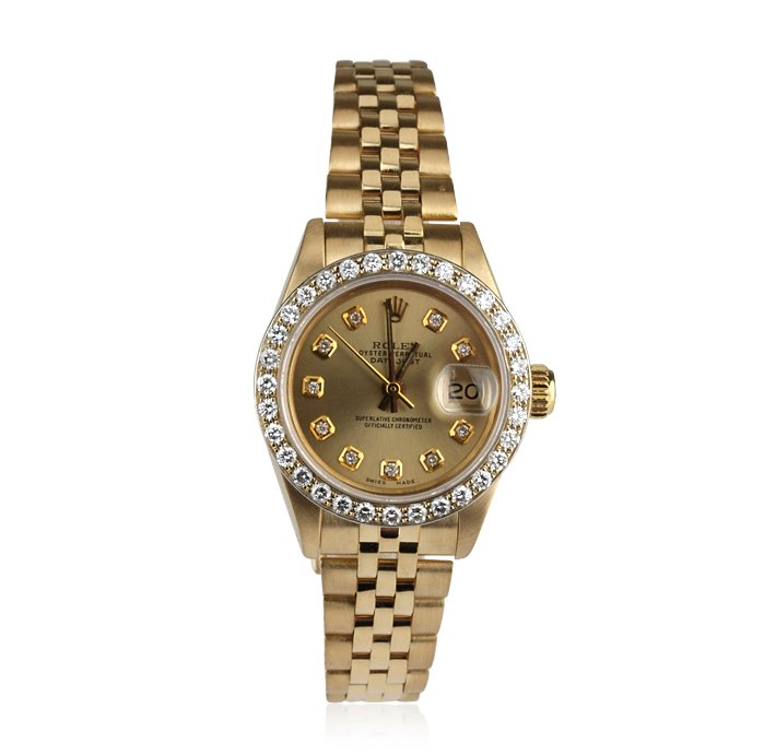Ladies Rolex DateJust 18KT Yellow Gold and Diamond Wris: Ladies Rolex DateJust 18KT Yellow Gold and Diamond Wristwatch GB721. Good Condition! GZ9005XY. One ladies, hand crafted & machine milled Rolex, the Datejust model wristwatch electronically tested 18KT