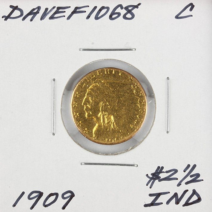 1909 $2 1/2 C Indian Head Quarter Eagle Gold Coin DaveF: 1909 $2 1/2 C Indian Head Quarter Eagle Gold Coin DaveF1068. As-Is Condition! YS962ON. One 1909 $2 1/2 C Indian Head Quarter Eagle Gold Coin. Thank you for viewing this lot! We are always adding new i