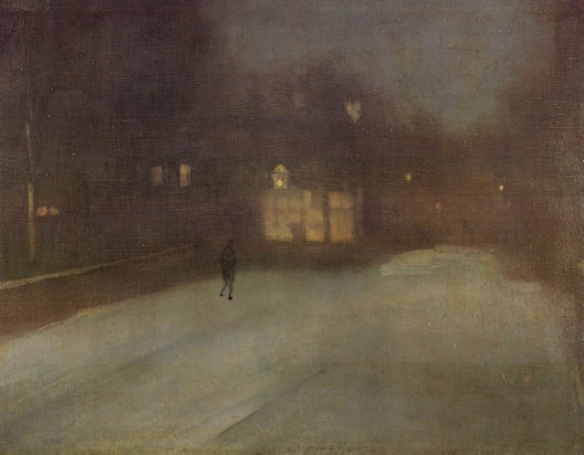 James Abbott McNeill Whistler - Nocturne Grey and Gold Snow in Chelsea: Artist: James Abbott McNeill Whistler - Title: Nocturne Grey and Gold Snow in Chelsea - Medium: Fine Art Reproduction Giclee on Canvas - Image Size: Approximately 15.5 inches x 20 inches - Unframed on