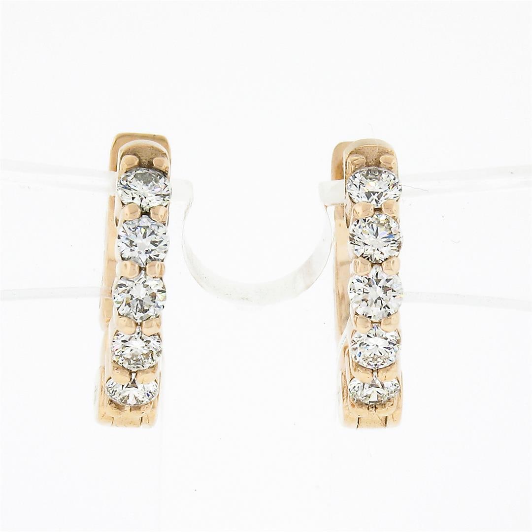NEW 14k Rose Gold 0.50 ctw Shared Prong Round Diamond 13mm Huggie Hoop Earrings: A new pair of solid 14k rose gold hoop earrings, with 10 round brilliant cut natural diamonds (G/H - VS1/VS2 ; 0.50ctw). The earrings measure approximately 12.5x2.40mm and weigh a total of 3.20 grams.