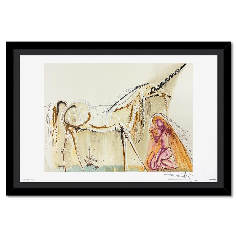 La Licorne (Unicorn) by Salvador Dali (1904-1989): "La Licorne (Unicorn)" is a limited edition lithograph by Salvador Dali (1904-1989), bearing the plate signature of the artist. This piece was published by Armand & Georges Israel in 1983 during Dali'