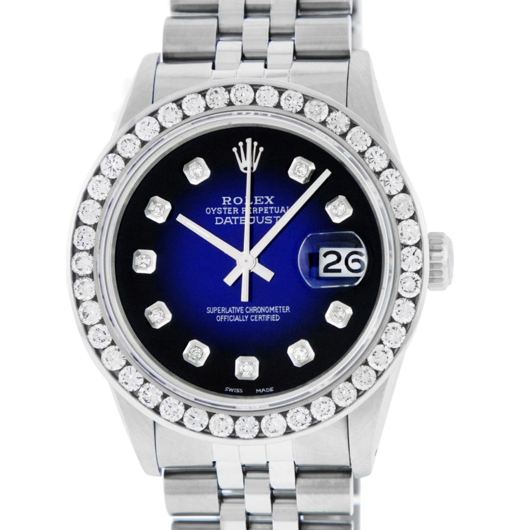 Rolex Mens Stainless Steel Blue Vignette 3 ctw Diamond Datejust Wristwatch: One Mens Pre Owned Stainless Steel Rolex Datejust Polished Bright with Satin Finish, Fully Serviced & Electronically Tested, Rolex Stainless Steel Case: 36mm, Rolex Stainless Steel Crown, Custom Bezel