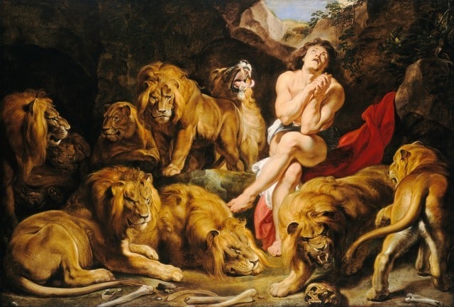 Sir Peter Paul Rubens - Daniel in the Lions Den: Artist: Sir Peter Paul Rubens - Title: Daniel in the Lions Den - Medium: Fine Art Reproduction Giclee on Canvas - Image Size: Approximately 21.5 inches x 32 inches - Unframed on Unstretched Canvas - B