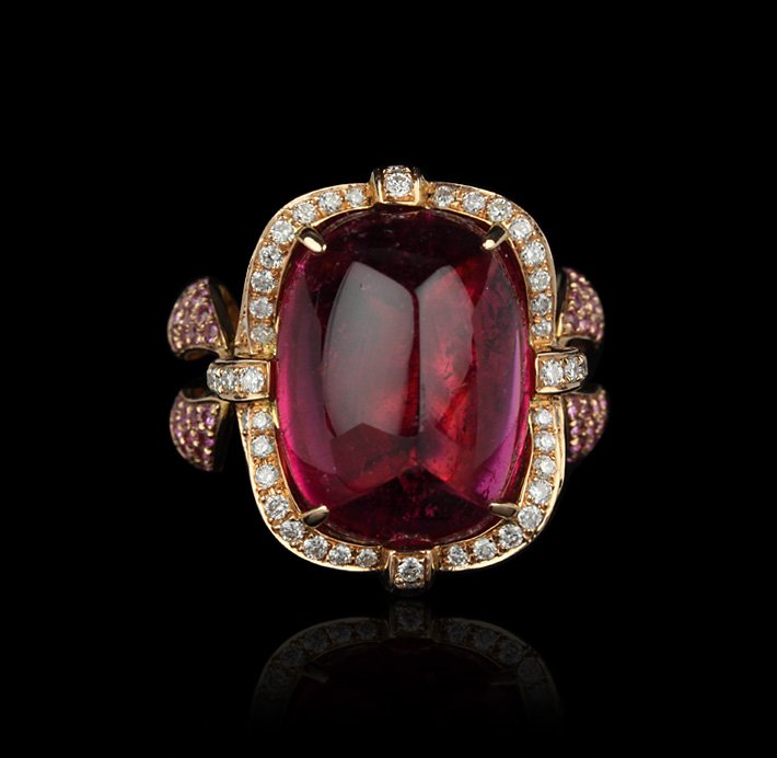 18KT Rose Gold 10.69ct Rubelite, Pink Sapphire and Diam: 18KT Rose Gold 10.69ct Rubelite, Pink Sapphire and Diamond Ring FJM2026. Excellent Condition! CU9162EK. One ring featuring: 8.05 grams of 18KT rose gold, (1) 10.69ct rubelite, pink sapphires with a to