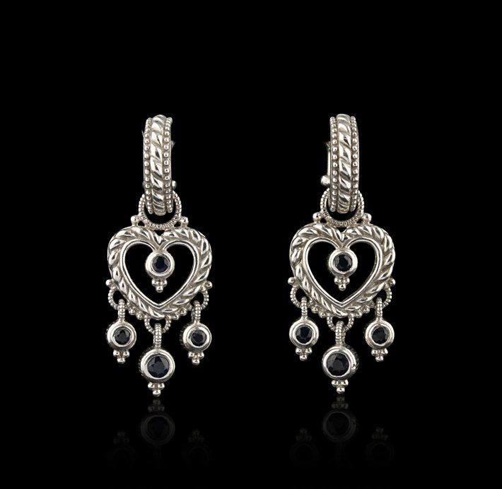 Vintage Designer Judith Ripka Sterling Silver and Corun: Vintage Designer Judith Ripka Sterling Silver and Corundum Heart Earrings ED1380. Good Condition! MB901PO. One pair of vintage designer Judith Ripka sterling silver and corundum heart earrings. Valued