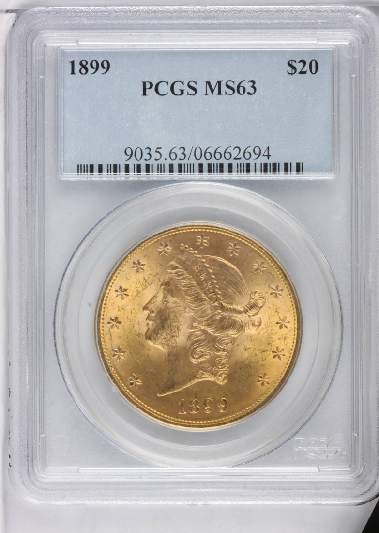 1899 $20 PCGS MS63 Liberty Head Double Eagle Gold Coin : 1899 $20 PCGS MS63 Liberty Head Double Eagle Gold Coin DaveF1117. As-Is Condition! CF9012ZO. One 1899 $20 PCGS MS63 Liberty Head Double Eagle Gold Coin. Thank you for viewing this lot! We are always a
