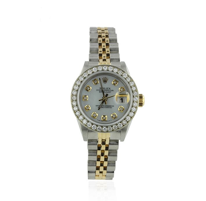 Ladies Rolex DateJust Two-Tone with Diamonds Wristwatch: Ladies Rolex DateJust Two-Tone with Diamonds Wristwatch GB644. Good Condition! XR1072MT. One ladies, hand crafted & machine milled Rolex DateJust Model stainless steel & 14KT yellow gold wristwatch el
