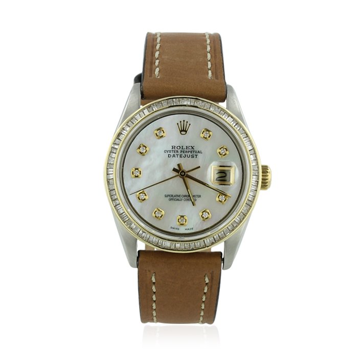 Gents Rolex DateJust with Diamonds on Leather Strap Wri: Gents Rolex DateJust with Diamonds on Leather Strap Wristwatch GB646. Good Condition! RM1013TP. One gents, hand crafted & machine milled Rolex DateJust wristwatch electronically tested stainless steel