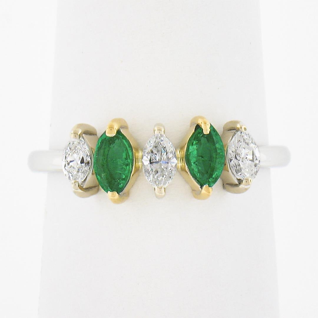 NEW 18K TT Gold 0.66 ctw Marquise Prong Diamond & Emerald Five 5 Stone Band Ring: A new solid 18k two tone gold ring. with 2 marquise cut natural emeralds (0.33ctw), and 3 marquise cut natural diamonds (G/H - 0.33ctw ; 0.33ctw). The ring is size 6.5, weighs a total of 2.54 grams, a