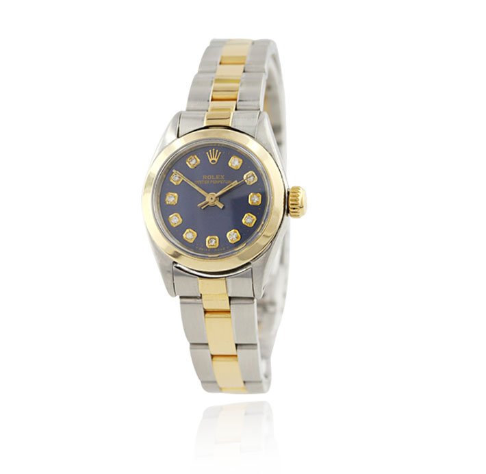 Ladies Rolex Two-Tone Oyster Perpetual Wristwatch A4061: Ladies Rolex Two-Tone Oyster Perpetual Wristwatch A4061. Good Condition! BP5781DC. One ladies, hand crafted & machine milled Rolex Oyster Perpetual Model stainless steel & 18KT yellow gold wristwatch
