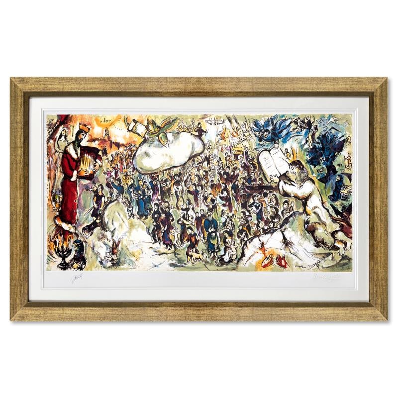 The Story Of Exodus by Chagall (1887-1985): "The Story Of Exodus" is a framed limited edition lithograph on paper by Marc Chagall (1887-1985) authorized by the Chagall Estate and ADAGP Paris. The piece is plate signed and comes with a certifica