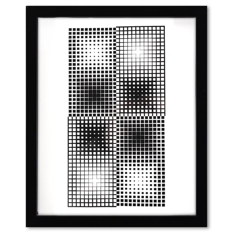Binovae de la serie Corpusculaires by Vasarely (1908-1997): "Binovae de la serie Corpusculaires" is a heliogravure print on paper, published in 1973, by Victor Vasarely (1908-1997). This piece comes custom framed, with a letter of authenticity and with a 1976 