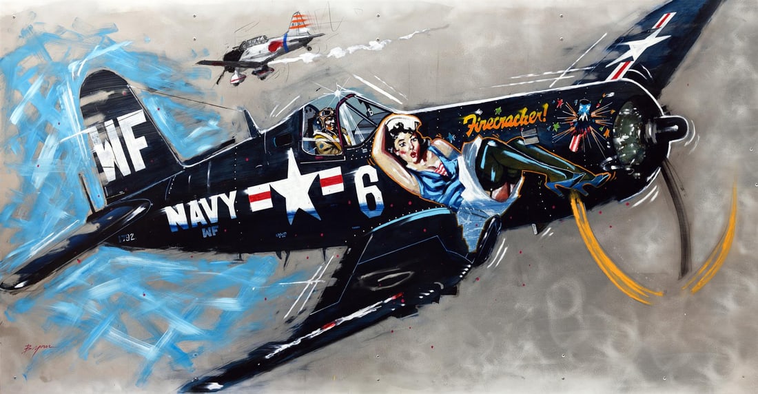 Firecracker by Michael Bryan: Michael Bryan pays tribute to WWII pilots as they head into battle in their pin-up girl adorned planes. This is a 20x40" hand-worked giclee on canvasm, numbered 1/1.