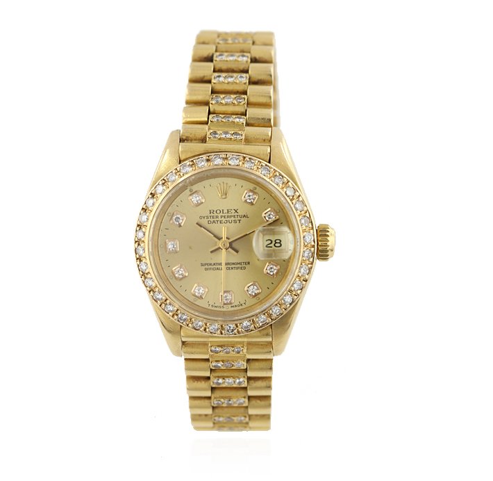 Ladies Rolex DateJust 18KT Yellow Gold Diamond Wristwat: Ladies Rolex DateJust 18KT Yellow Gold Diamond Wristwatch HM103. Good Condition! PC9054PT. One ladies, Rolex Lady President, the Datejust Model wristwatch electronically tested 18KT yellow gold, Case: