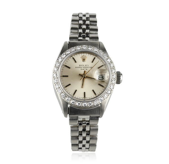 Ladies Rolex Date Stainless Steel and Diamond Wristwatc: Ladies Rolex Date Stainless Steel and Diamond Wristwatch GB727. Good Condition! RZ9091EV. One ladies, hand crafted & machine milled Rolex Date Model Stainless Steel wristwatch electronically tested, C