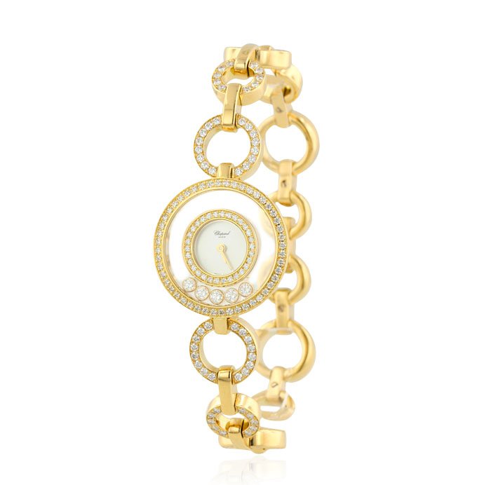 Ladies Chopard Happy Diamonds 18KT Yellow Gold Wristwat: Ladies Chopard Happy Diamonds 18KT Yellow Gold Wristwatch HM89. Good Condition! BG1058MT. One, cast & hand crafted Chopard Happy Diamonds wrist watch electronically tested 18KT yellow gold, inner & ou