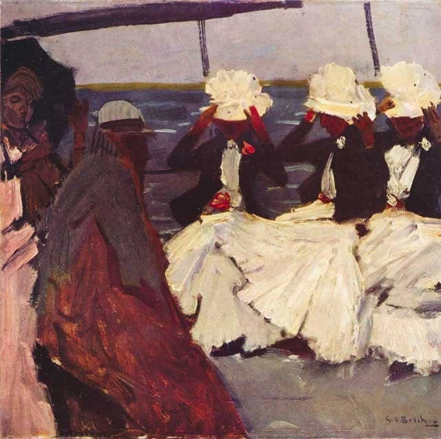 Breitner - Promenade Deck with Three Women: Artist: George Hendrik Breitner - Title: Promenade Deck with Three Women - Medium: Fine Art Reproduction Giclee on Canvas - Image Size: Approximately 20 inches x 20 inches - Unframed on Unstretched Ca