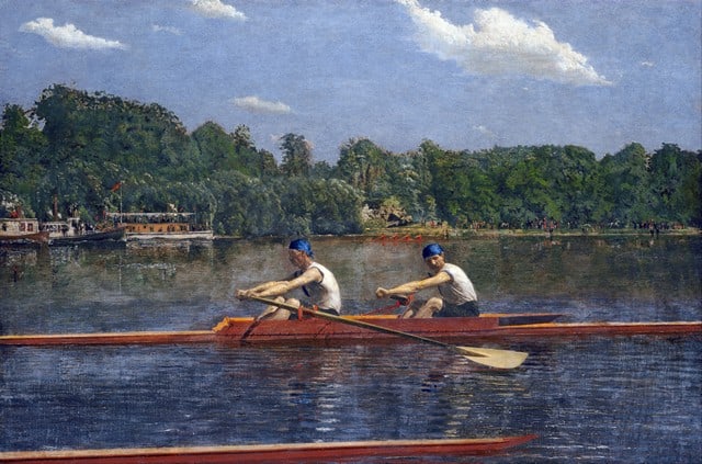 Thomas Eakins - The Biglin Brothers Racing: Artist: Thomas Eakins - Title: The Biglin Brothers Racing - Medium: Fine Art Giclee on Canvas - Image Size: Approximately 13.25 inches x 20 inches - Framed: Unframed on Unstretched Canvas - Biography: