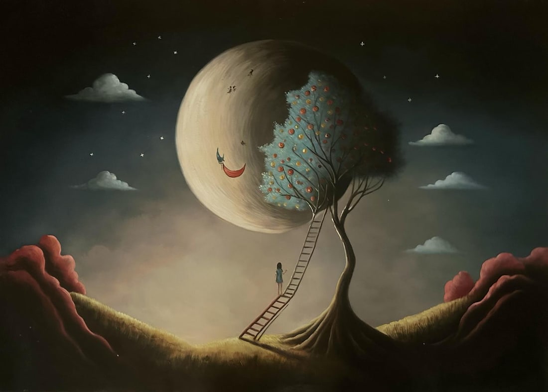 FLIGHT TO THE MOON original by MANI: A stunning Surreal painting by emerging artist Mani. 20"x30" original on canvas, with COA