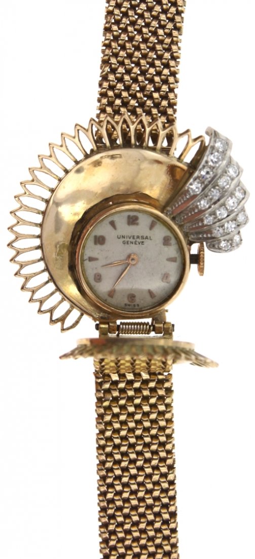 18KT Yellow Gold Vintage Universal Geneve 'Case Cover' : 18KT Yellow Gold Vintage Universal Geneve 'Case Cover' Watch STN55. As-Is Condition! GN1341WV. One ladies, cast & assembled Universal Geneve Vintage ‘Case Cover’’ designed wristwatch electronica