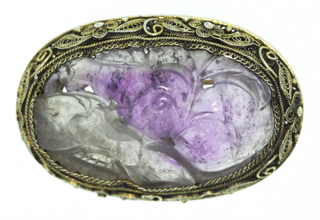 Antique Art Deco Carved Amethyst Brooch c.1920 ED1273: Antique Art Deco Carved Amethyst Brooch c.1920 ED1273. Great Condition! TR89ZP. This is a fabulous vintage art deco brooch circa 1920 with a Chinese antique carved amethyst cabochon plaque framed in s
