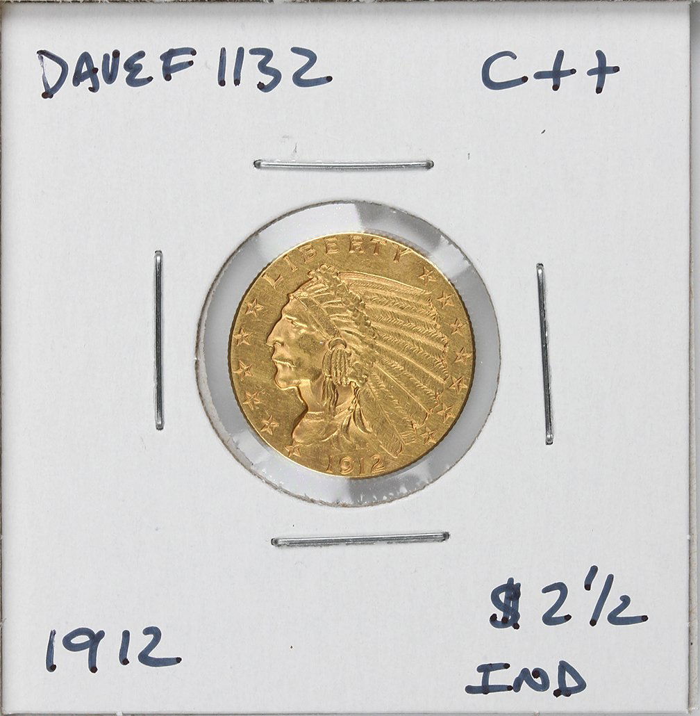 1912 $2 1/2 C++ Indian Head Quarter Eagle Gold Coin Dav: 1912 $2 1/2 C++ Indian Head Quarter Eagle Gold Coin DaveF1132. As-Is Condition! QU992YQ. One 1912 $2 1/2 C++ Indian Head Quarter Eagle Gold Coin. Thank you for viewing this lot! We are always adding n