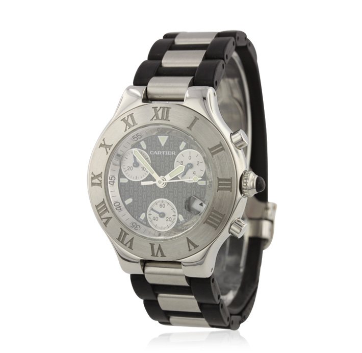Gents Cartier Chronoscaph 21 Chronograph Wristwatch GB8: Gents Cartier Chronoscaph 21 Chronograph Wristwatch GB822. Great Condition! BJ9061XU. One gents Cartier Chronoscaph 21 chronograph wristwatch. The watch features: stainless steel case, rubber and stai
