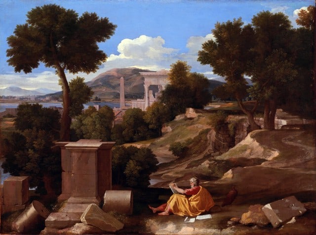 Nicolas Poussin - Landscape with Saint John on Patmos: Artist: Nicolas Poussin - Title: Landscape with Saint John on Patmos - Medium: Fine Art Reproduction Giclee on Canvas - Image Size: Approximately 14.75 inches x 20 inches - Unframed on Unstretched Can