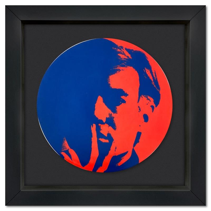 Self Portrait (Red) by Warhol (1928-1987): "Self Portrait (Red)" is a Limoges porcelain plate bearing the plate signature inverso of Andy Warhol (1928-1987). This plate is custom framed and floated on linen. Measures approx. 13.5" x 13.5" (fra