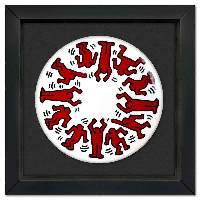 Red on White by Keith Haring (1958-1990): "Red on White" is a Limoges porcelain plate bearing the plate signature inverso of Keith Haring (1958-1990). This plate is custom framed and floated on linen. Measures approx. 16" x 16" (frame), 11" (