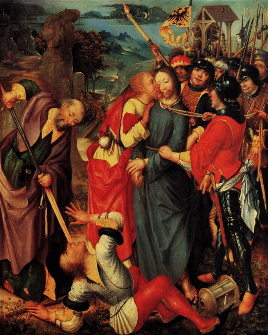 Kalken - Capture of Christ: Artist: Jan Joest van Kalkar - Title: Capture of Christ - Medium: Fine Art Giclee on Canvas - Image Size: Approximately 20 inches x 16 inches - Unframed on Unstretched Canvas - Biography: Jan Joest, a