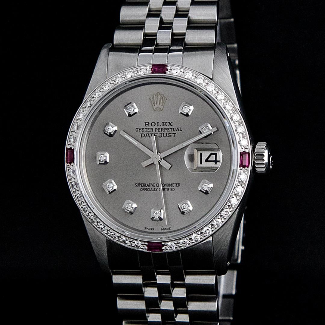 Rolex Mens Stainless Steel Gray Diamond And Ruby Datejust Wristwatch 36MM: One Pre Owned Stainless Steel Rolex Datejust 36MM Polished Bright with Satin Finish, This Watch Has Been Serviced And Electronically Tested, Rolex Stainless Steel Case: 36mm, Rolex Stainless Steel Cro