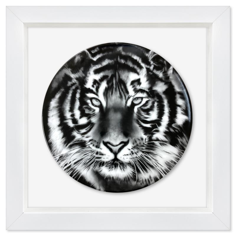 Tiger by Longo, Robert: "Tiger" is a Limoges porcelain by Robert Longo. This plate is custom framed and floated on linen. Measures approx. 16" x 16" (frame), 11" (plate diameter).