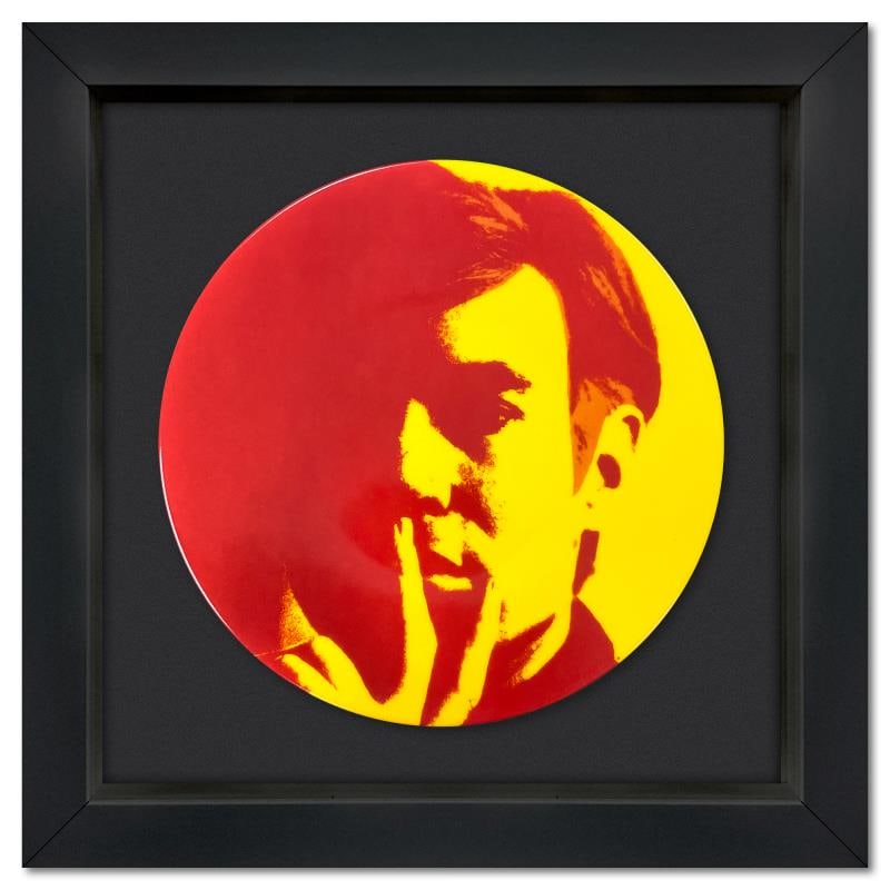 Self Portrait (Yellow) by Warhol (1928-1987): "Self Portrait (Yellow)" is a Limoges porcelain plate bearing the plate signature inverso of Andy Warhol (1928-1987). This plate is custom framed and floated on linen. Measures approx. 13.5" x 13.5" (