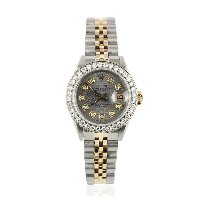 Ladies Rolex DateJust Two-Tone with Diamonds Wristwatch: Ladies Rolex DateJust Two-Tone with Diamonds Wristwatch GB647. Good Condition! XR1052MT. One ladies, hand crafted & machine milled Rolex DateJust Model Stainless Steel & 18KT yellow gold wristwatch el