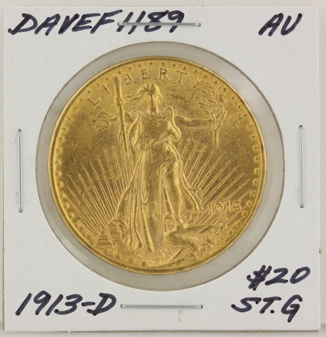 1913-D $20 AU St. Gaudens Double Eagle Gold Coin DAVEF1: 1913-D $20 AU St. Gaudens Double Eagle Gold Coin DAVEF1189. As-Is Condition! HG9581HC. One 1913-D $20 AU St. Gaudens Double Eagle Gold Coin. Thank you for viewing this lot! We are always adding new in