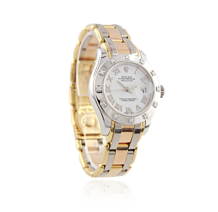 Ladies 18KT Gold Rolex Tridor Masterpiece Wristwatch A4: Ladies 18KT Gold Rolex Tridor Masterpiece Wristwatch A4030. Good Condition! TR10521MN. One ladies, hand crafted & machine milled Rolex Lady Tridor Masterpiece DateJust, model wristwatch electronically