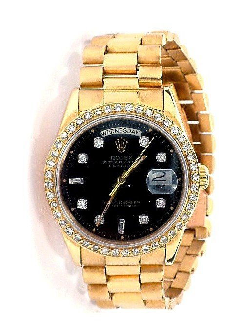 Gents Rolex 18KT Gold w/ Diamonds DayDate Wristwatch A3: Gents Rolex 18KT Gold w/ Diamonds DayDate Wristwatch A3678. Great Condition! NA1029RL. One gents, hand crafted and machine milled Rolex DayDate Model The President wristwatch electronically tested 18K