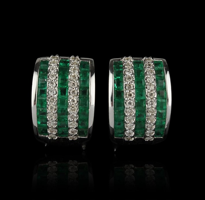 14KT White Gold 3.76ctw Emerald and Diamond Earrings FJ: 14KT White Gold 3.76ctw Emerald and Diamond Earrings FJM2141. Excellent Condition! MO9001ZY. One pair of earrings featuring: 9.40gm of 14KT white gold, (48) emeralds with a total weight of 3.76cts and