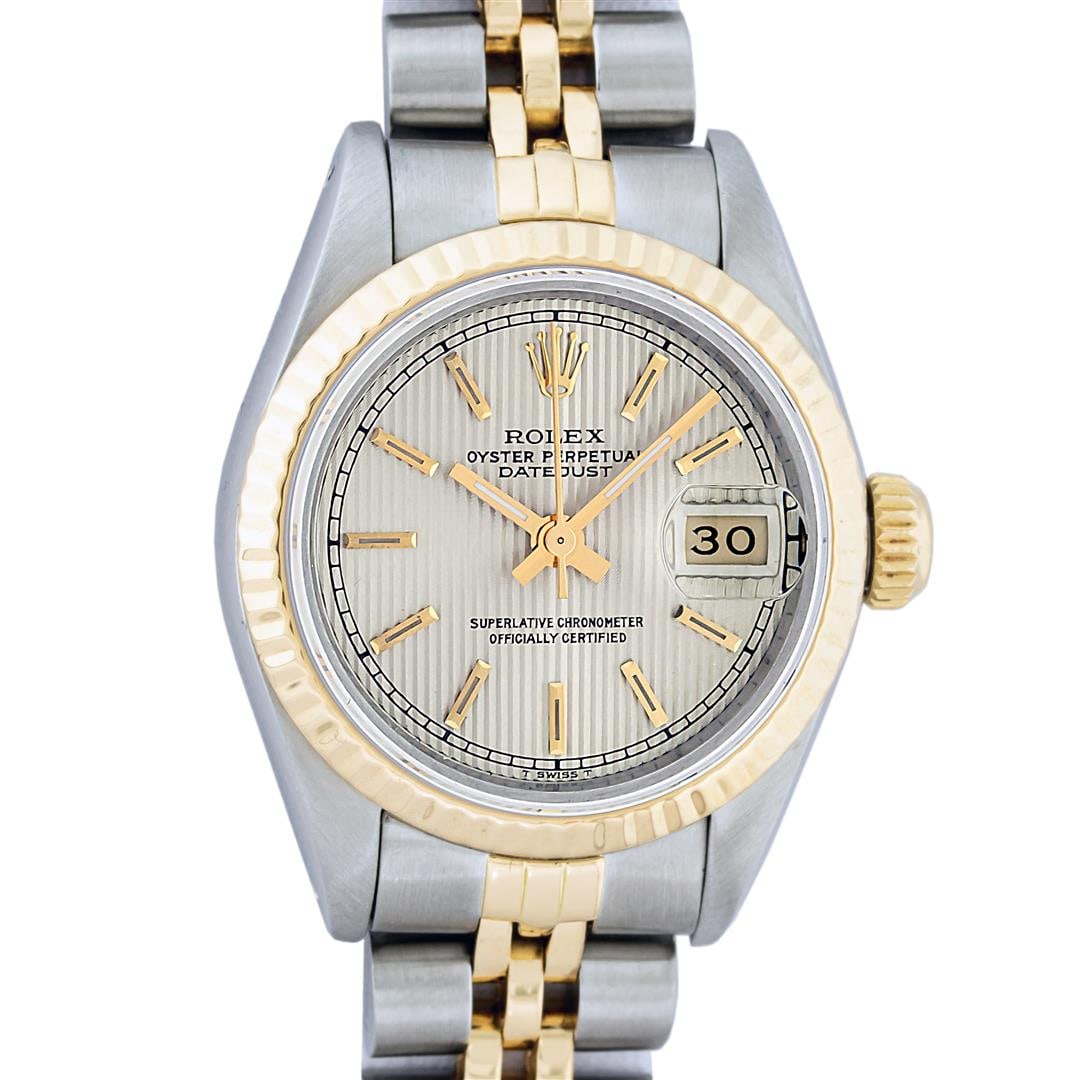 Rolex Ladies 2T Yellow Gold & Stainless Steel Silver Tapestry Dial Wristwatch 26: One Ladies Pre Owned Two Tone 14K Yellow Gold & Stainless Steel Rolex Polished, Serviced & Electronically Tested, Rolex 14K Yellow Gold & Stainless Steel Case: 26mm, Rolex Yellow Gold Crown, Rolex Bez