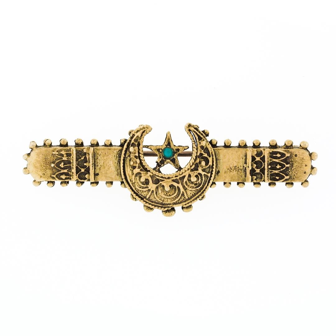 Vintage Victorian Revival 14K Gold Turquoise Crescent & Star Bar Pin Brooch: A vintage vicotrian revivial 14k yellow gold bar bpin brooch, with 1 round cabochon cut natural truquoise (1.70mm). Measures 13.47x41.13mm and weighs a total of 3.70 grams.