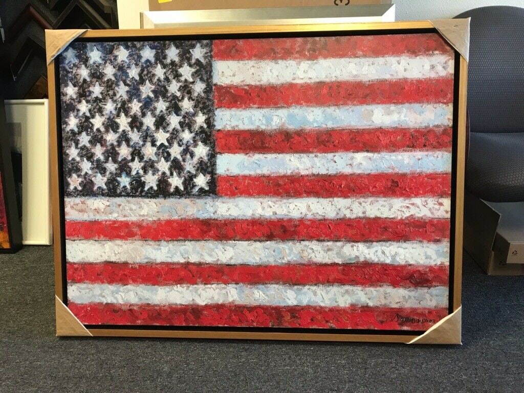 Sammoun "FREEDOM": Stretched & framed in a simple modern gold moulding, Samir Sammoun's "FREEDOM" was created after 9/11 to honor the American heroes who lost their lives trying to save others. Sammoun's style and Jaspe