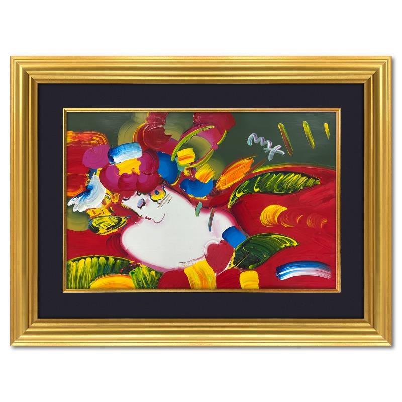 Women in Love by Peter Max: "Women in Love" (2007) is a one-of-a-kind acrylic mixed media on paper, hand signed by Peter Max. The piece comes custom framed with a backside cutout to display Peter Max Studio registration number 2