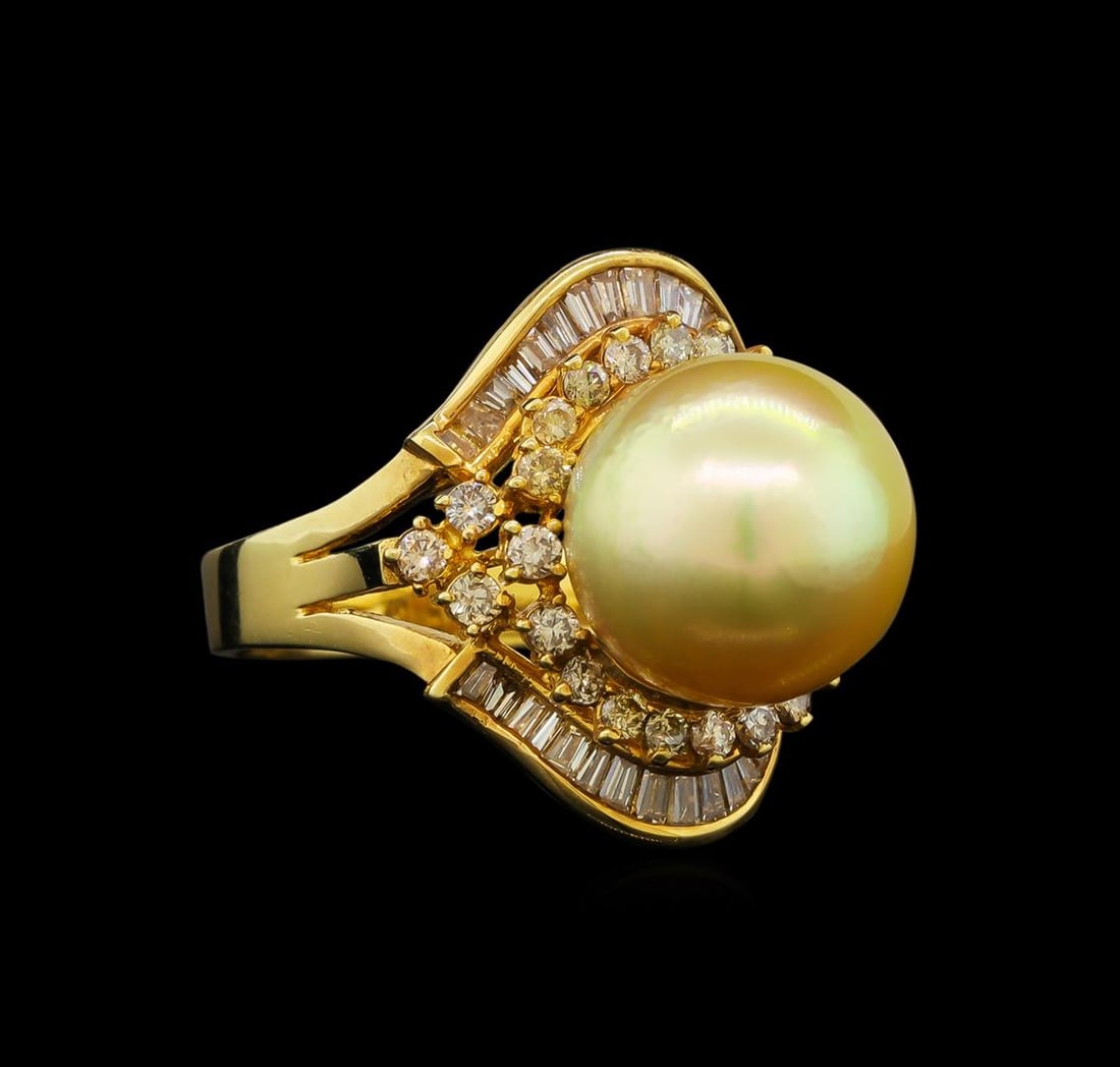 14KT Yellow Gold Pearl and Diamond Ring: One electronically tested 14KT yellow gold ladies cast south sea cultured pearl & diamond ring with a bright polish finish. The featured south sea cultured pearl is set within a stylized diamond bezel